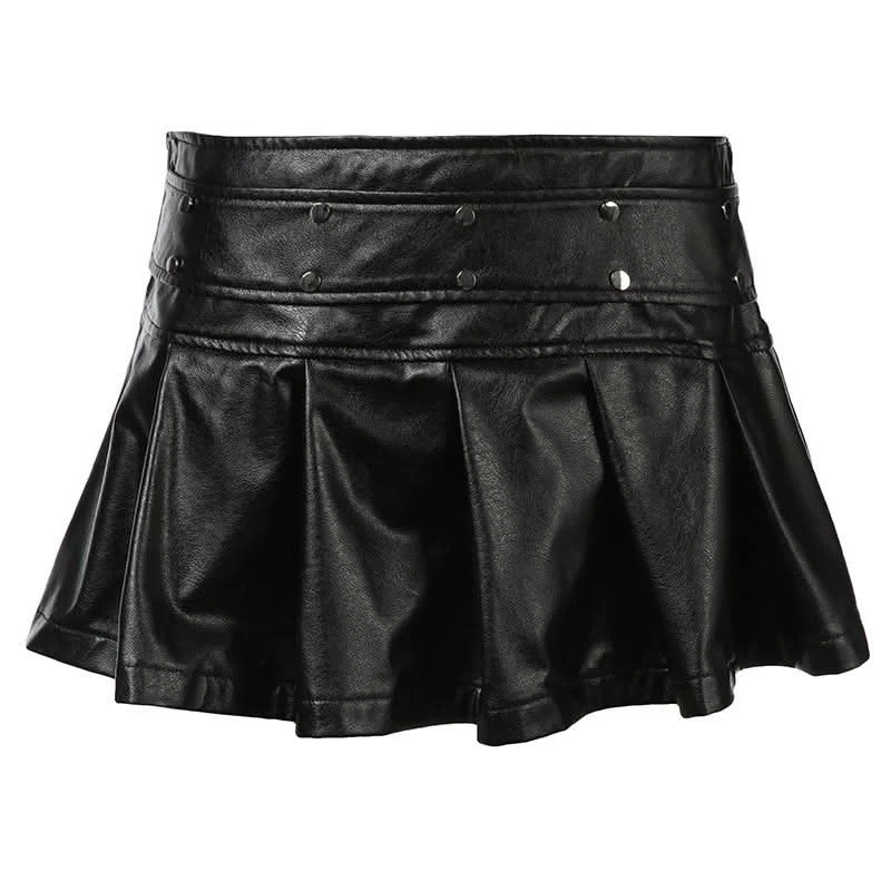 PU leather rivet zip-up pleated mini skirt lace skirt intricate