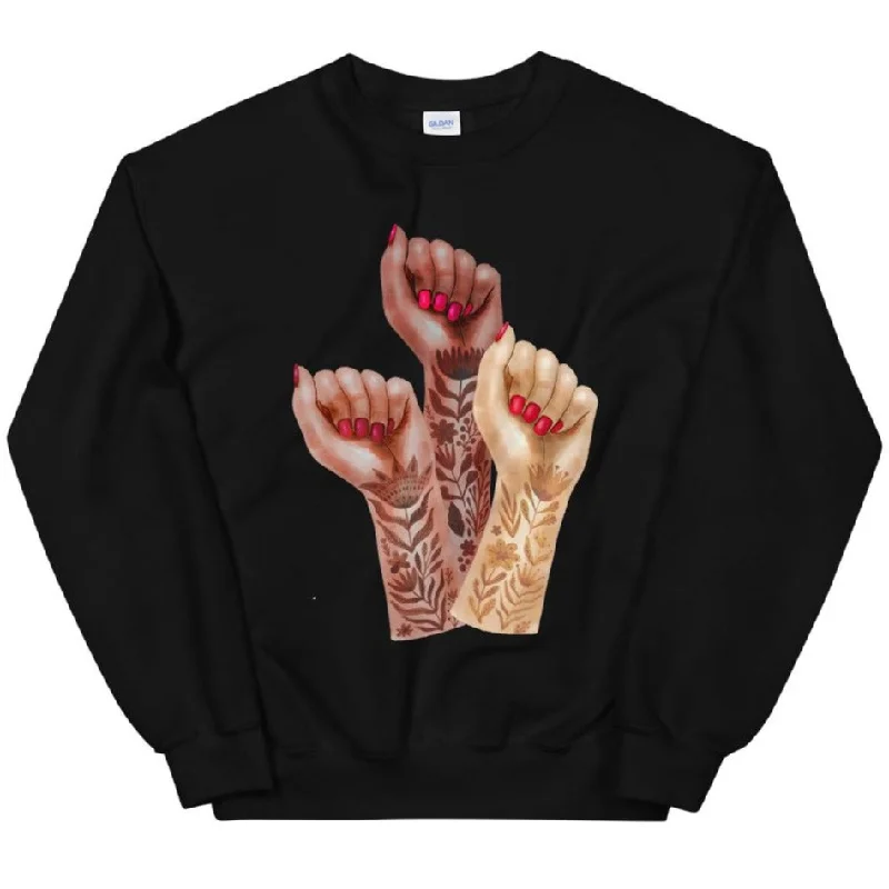 Raised Feminist Watercolor Tattoo Fists -- Sweatshirt Hoodie with Front Slit Layering Stylish Raised Feminist Watercolor Tattoo Fists -- Sweatshirt Hoodie with Front Slit Layering Stylish