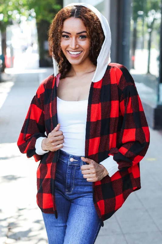 Stepping Out Red Buffalo Plaid Ribbed Hooded Sweater (Open Pack) Fleece Sweater Nylon Polyester