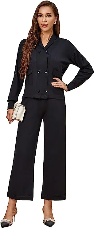 Richie House Women's 2 Piece Sweatsuits Long Sleeve Knit Sweater Wide Leg Pants Outfits RHW4072 Zippered Front Buttoned Front Snap Front