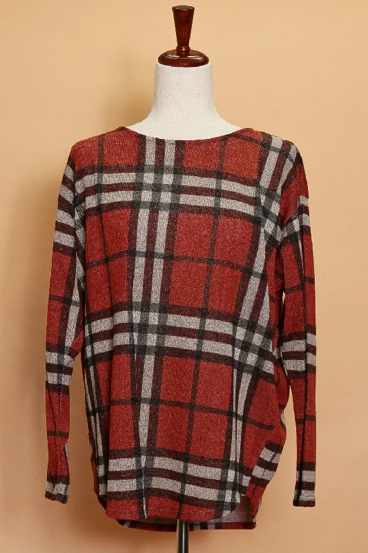 Rust Plaid Sweater Glossy Satin Silk