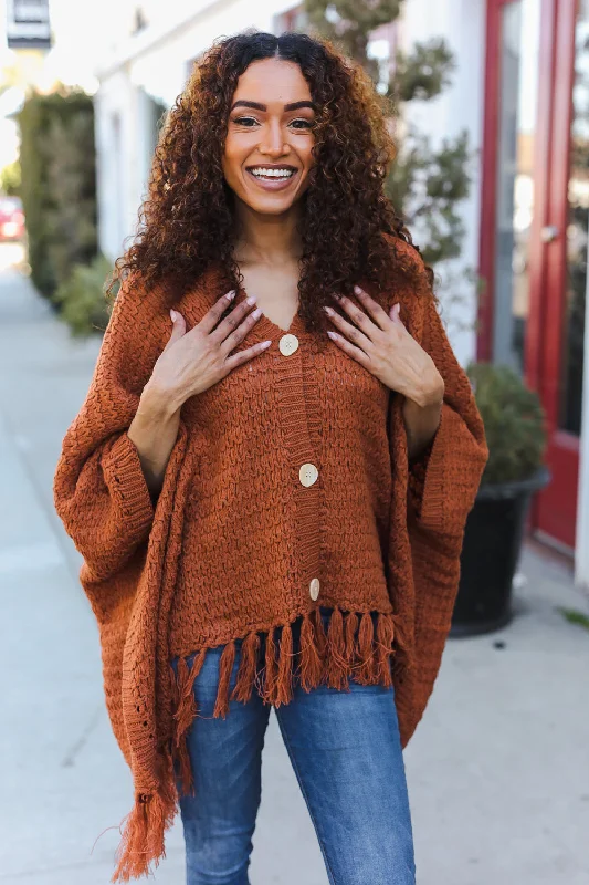 Rust Poncho Style Thick Sweater Graphic Sweater Embroidered Appliqued