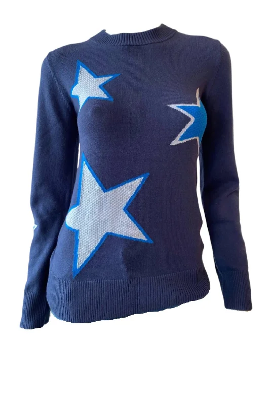 Sanna Star Crew Neck Sweater In Frost Blue/bayou Blue Knit Fabric Woven Fabric Fleece Fabric