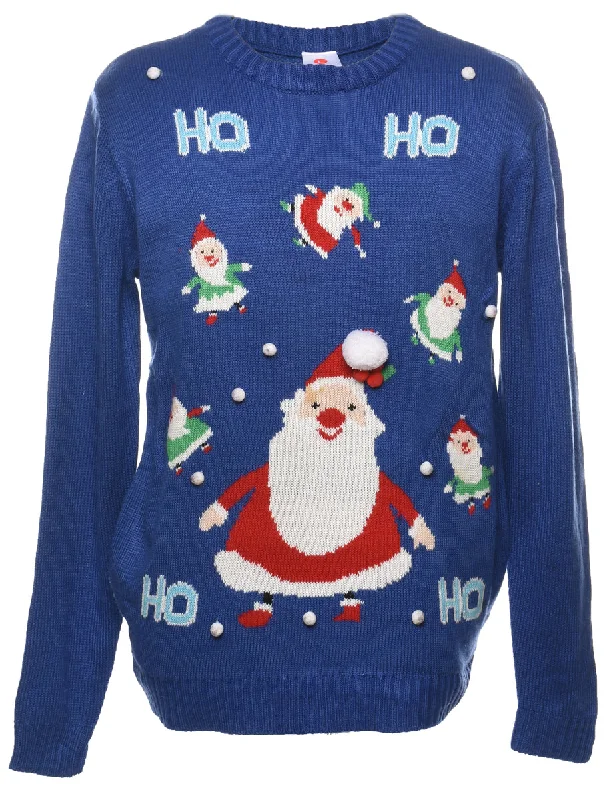 Santa Claus Christmas Jumper - L Ribbed Striped Patterned