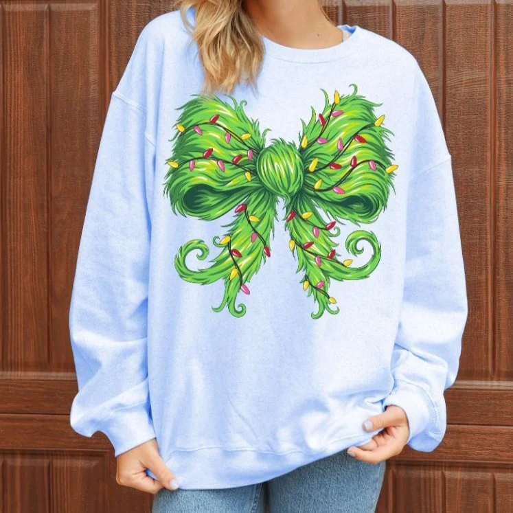 Simply Southern Green Fuzzy Bow Holiday Christmas Crew Sweatshirt Hoodie with Bell Sleeves Flared Feminine Simply Southern Green Fuzzy Bow Holiday Christmas Crew Sweatshirt Hoodie with Bell Sleeves Flared Feminine