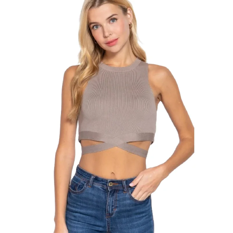 Sleeveless Crew Neck Waist Tie Crop Sweater Top Embroidered Appliqued Beaded