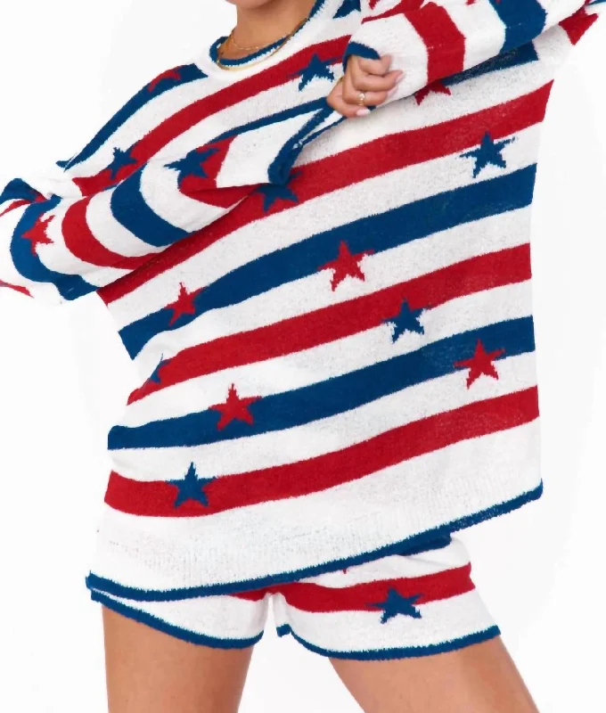 Stars & Stripes Go To Sweater In White Multi Satin Fabric Silk Fabric Chiffon Fabric