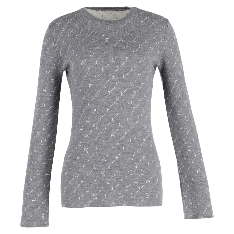 Stella McCartney Monogram Jacquard Sweater in Grey Wool Mesh Blend Leather Blend Suede Blend