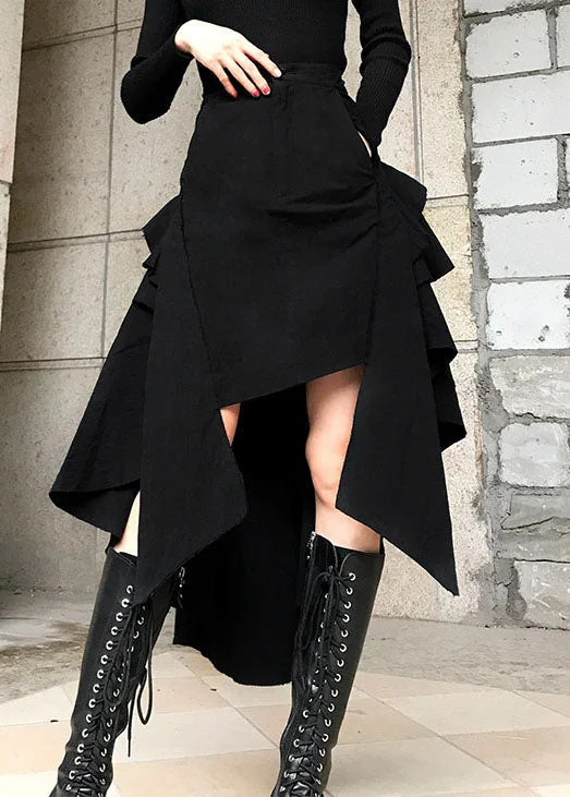 Stylish black button pockets Asymmetrical Skirts Spring leather skirt sleek