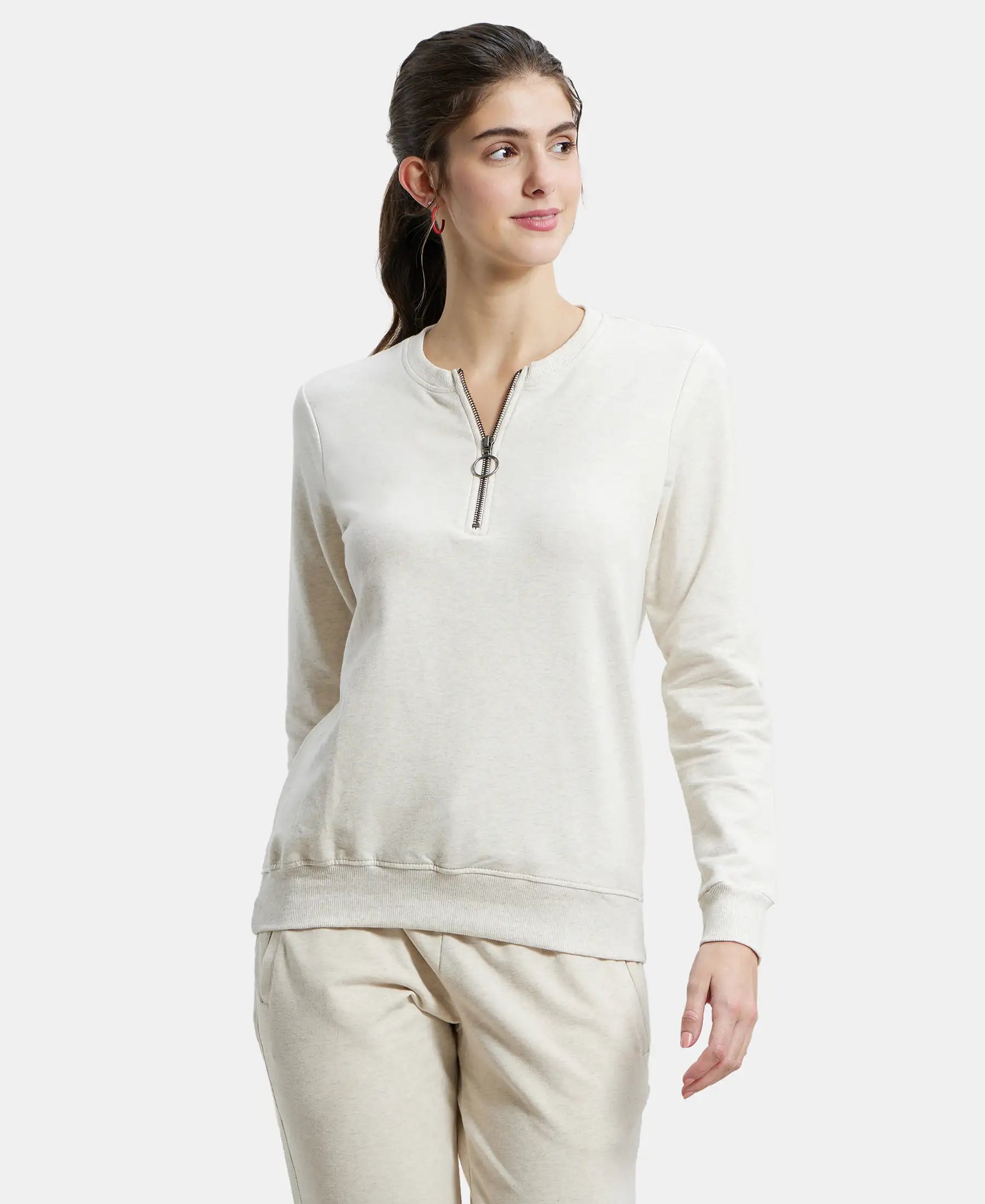 Super Combed Cotton Elastane Stretch Melange Sweatshirt with Round Neck Half Zip - Cream Melange Hoodie with Back Slit Movement Comfort Super Combed Cotton Elastane Stretch Melange Sweatshirt with Round Neck Half Zip - Cream Melange Hoodie with Back Slit Movement Comfort