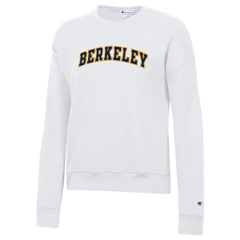 U.C. Berkeley Cal Champion women's Berkeley arch applique crew-neck sweatshirt-White Hoodie with Monochrome Minimalist Simple U.C. Berkeley Cal Champion women's Berkeley arch applique crew-neck sweatshirt-White Hoodie with Monochrome Minimalist Simple