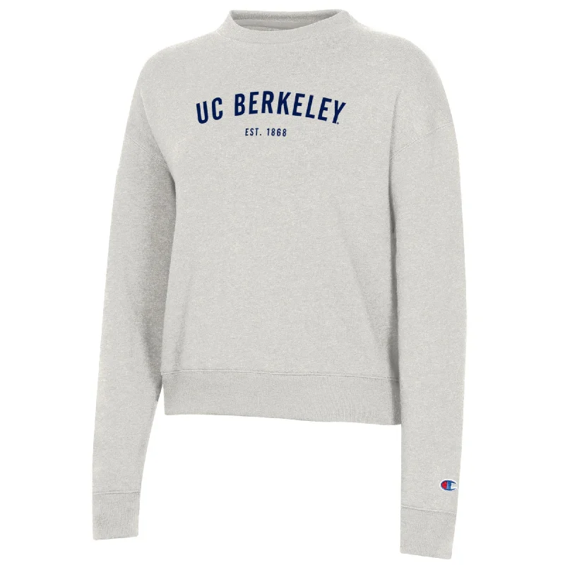 U.C. Berkeley arch 1868 embroidered Women's Champion Triumph crew-neck sweatshirt-Oatmeal Hoodie with Frayed Bohemian Relaxed U.C. Berkeley arch 1868 embroidered Women's Champion Triumph crew-neck sweatshirt-Oatmeal Hoodie with Frayed Bohemian Relaxed