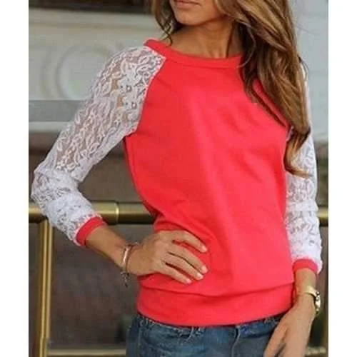 Stylish Round Neck Long Sleeve Spliced See-Through Women's Sweatshirt - Red S Hoodie with Neon Bright Vibrant Stylish Round Neck Long Sleeve Spliced See-Through Women's Sweatshirt - Red S Hoodie with Neon Bright Vibrant