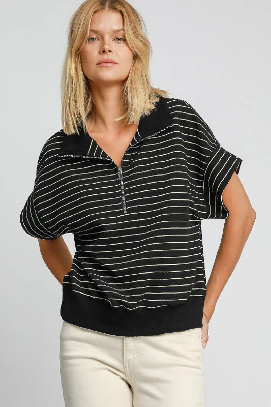 Umgee Striped Half Zip Short Sleeve Sweatshirt - Black Hoodie with Velcro Closure Adjustable Secure Umgee Striped Half Zip Short Sleeve Sweatshirt - Black Hoodie with Velcro Closure Adjustable Secure