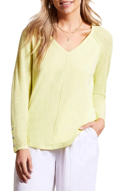 V-Neck Mesh Sleeve Sweater In Wild Lime Tailored Straight A-Line