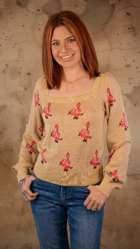 Victoria Floral Sweater Top Wool Fabric Cashmere Fabric Tweed Fabric