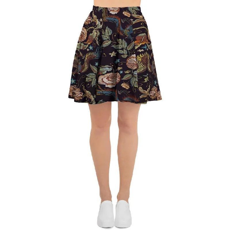 Vintage Chinese Dragon Floral Print Women's Skirt linen skirt relaxed
