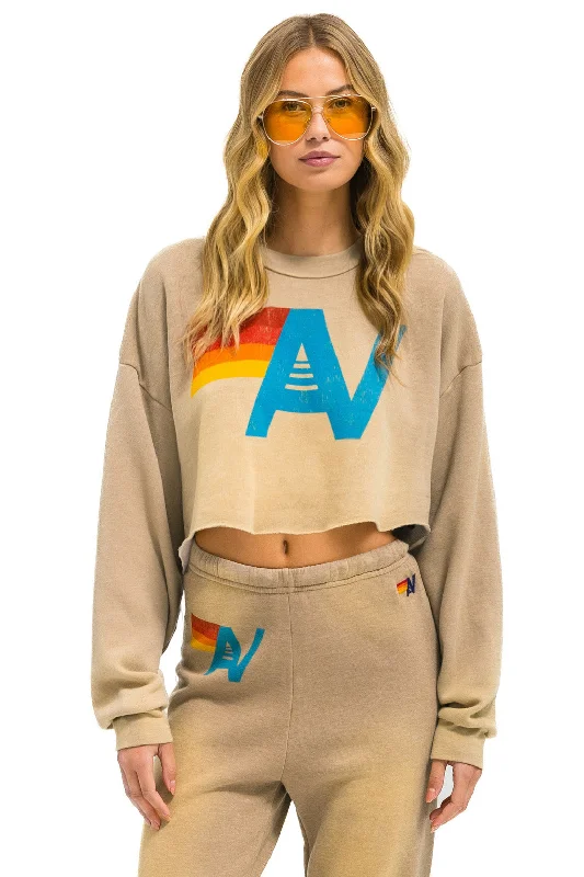 VINTAGE LOGO CROPPED CREW SWEATSHIRT RELAXED - FADED TAN Hoodie with Thumb Holes Functional Cozy VINTAGE LOGO CROPPED CREW SWEATSHIRT RELAXED - FADED TAN Hoodie with Thumb Holes Functional Cozy