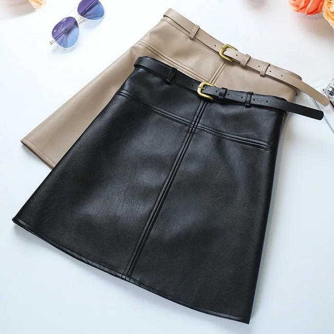 Winter A-Line PU Leather Skirt For Women High Waist Office Wear Skirts Plus Size Female Skirt with Belt silk skirt elegant