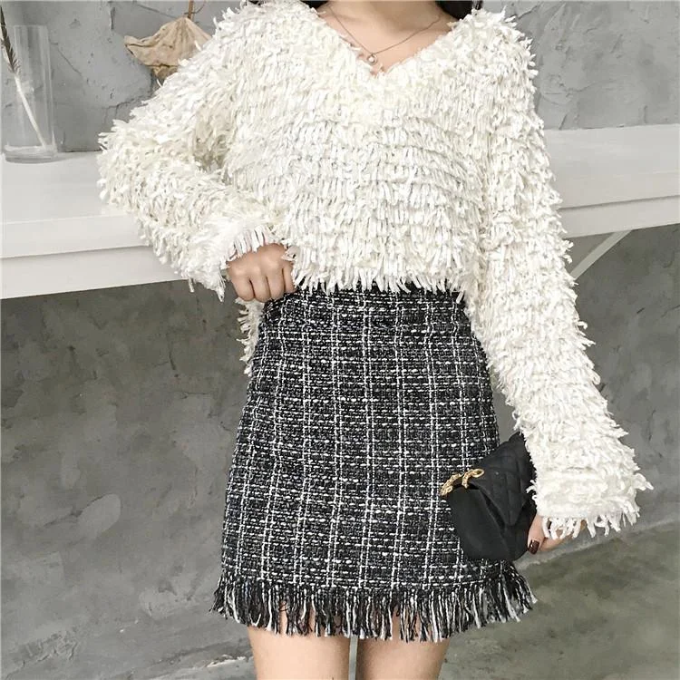 Winter Autumn Woollen Plaid Straight Mini Skirt in Vintage Style for Women patchwork skirt art