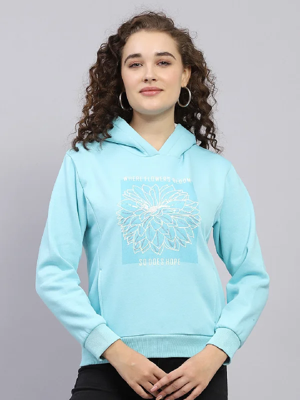 Women Blue Printed Hooded Full Sleeve Sweatshirt Hoodie with Hem Lace Feminine Delicate Women Blue Printed Hooded Full Sleeve Sweatshirt Hoodie with Hem Lace Feminine Delicate