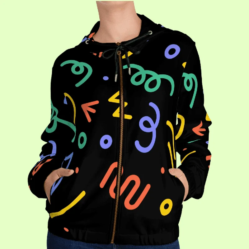 Women’s Black Doodle Full Zip Hoodie Hoodie with Elastic Cuffs Stretchable Comfortable Women’s Black Doodle Full Zip Hoodie Hoodie with Elastic Cuffs Stretchable Comfortable
