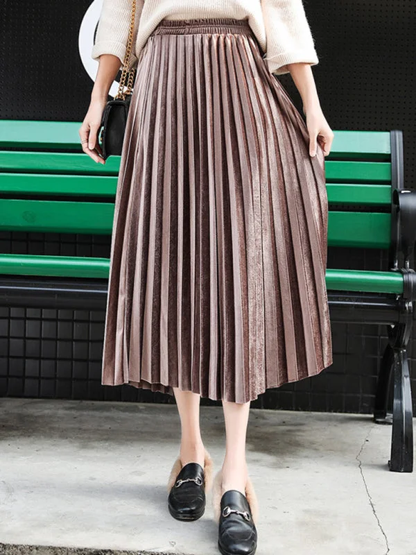 Women's gold velvet pleated skirt with wide hem patchwork skirt art