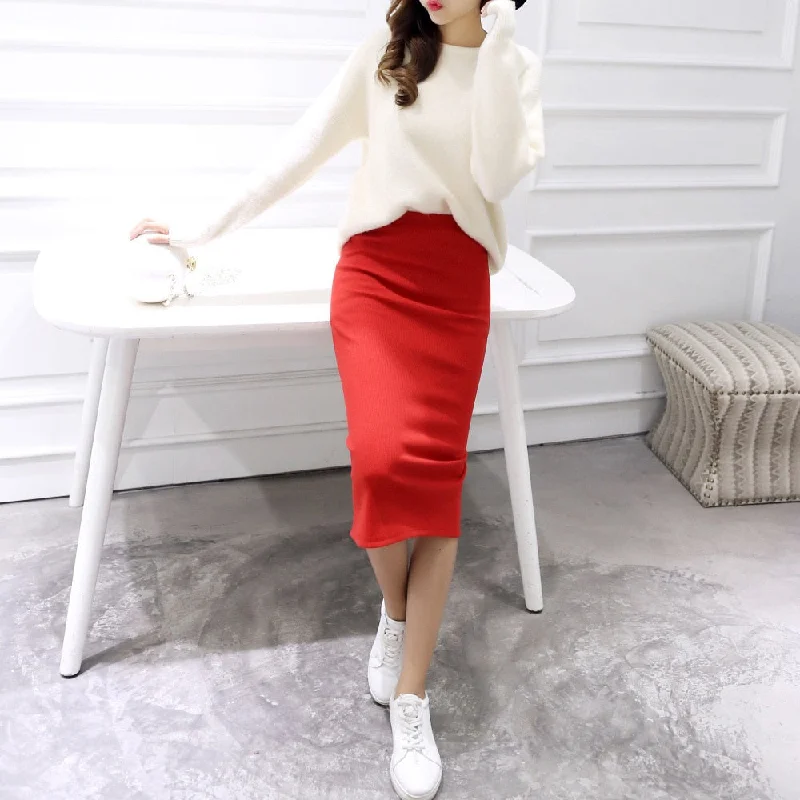 Women Solid Elegant Sexy Split Slim Skirts Hight Waist Kintting Cotton Ladies Summer Skirts Mid-Calf Bodycon Pencil Skirt Saia chiffon skirt flowing