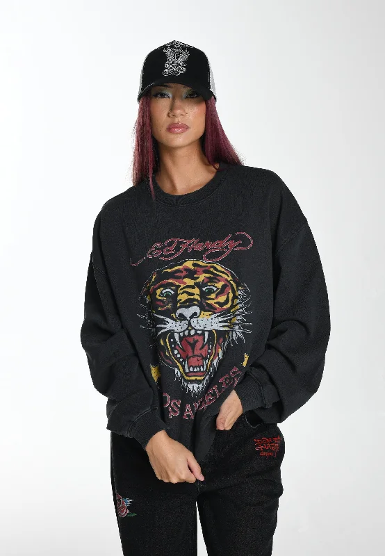 Womens Tiger-Vintage-Roar Graphic Relaxed Crew Neck Sweatshirt - Black Hoodie with Hem Drawcord Adjustable Customizable Womens Tiger-Vintage-Roar Graphic Relaxed Crew Neck Sweatshirt - Black Hoodie with Hem Drawcord Adjustable Customizable
