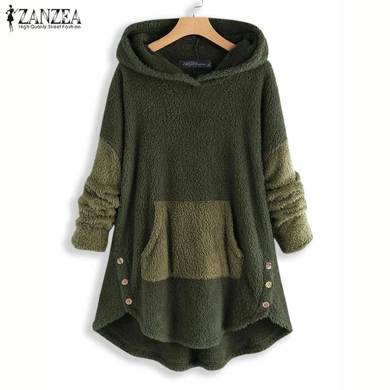ZANZEA Women Hoodies Sweatshirt Winter Long Sleeve Plush Fluffy Jumper Pull Femme Autumn Hooded Fleece Pullover Blusas Plus Size Hoodie with Full-Zip Functional Layering ZANZEA Women Hoodies Sweatshirt Winter Long Sleeve Plush Fluffy Jumper Pull Femme Autumn Hooded Fleece Pullover Blusas Plus Size Hoodie with Full-Zip Functional Layering