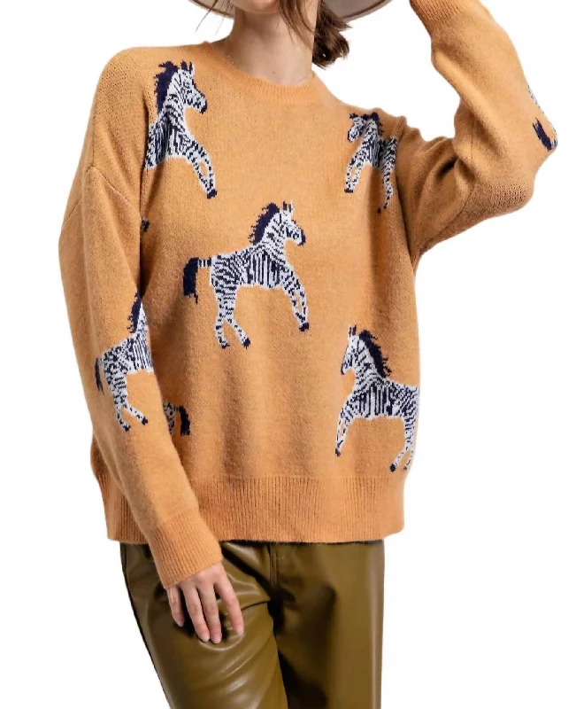 Zebra/animal Pattern Sweater In Camel Wool Fabric Cashmere Fabric Tweed Fabric